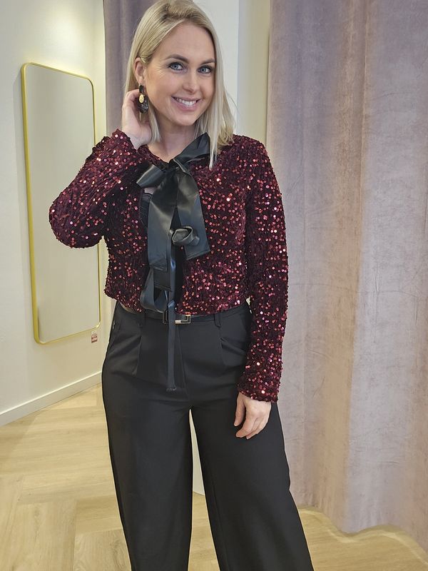 Bordeaux paillettentop met strikken