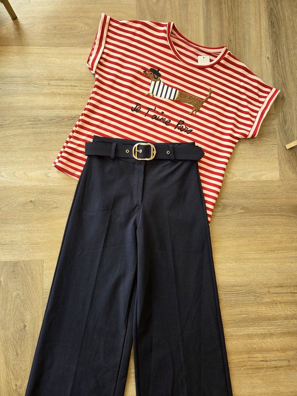 Navy stretch broek met gouden gesp