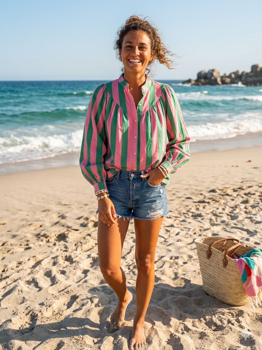 Marthe zomerblouse met brede strepen roze/groen