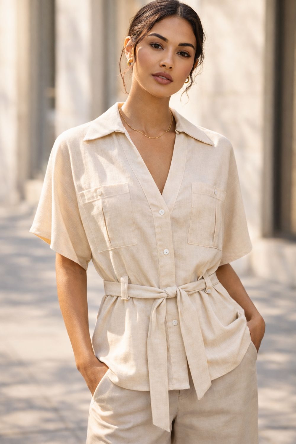 Linnen cargo blousje beige