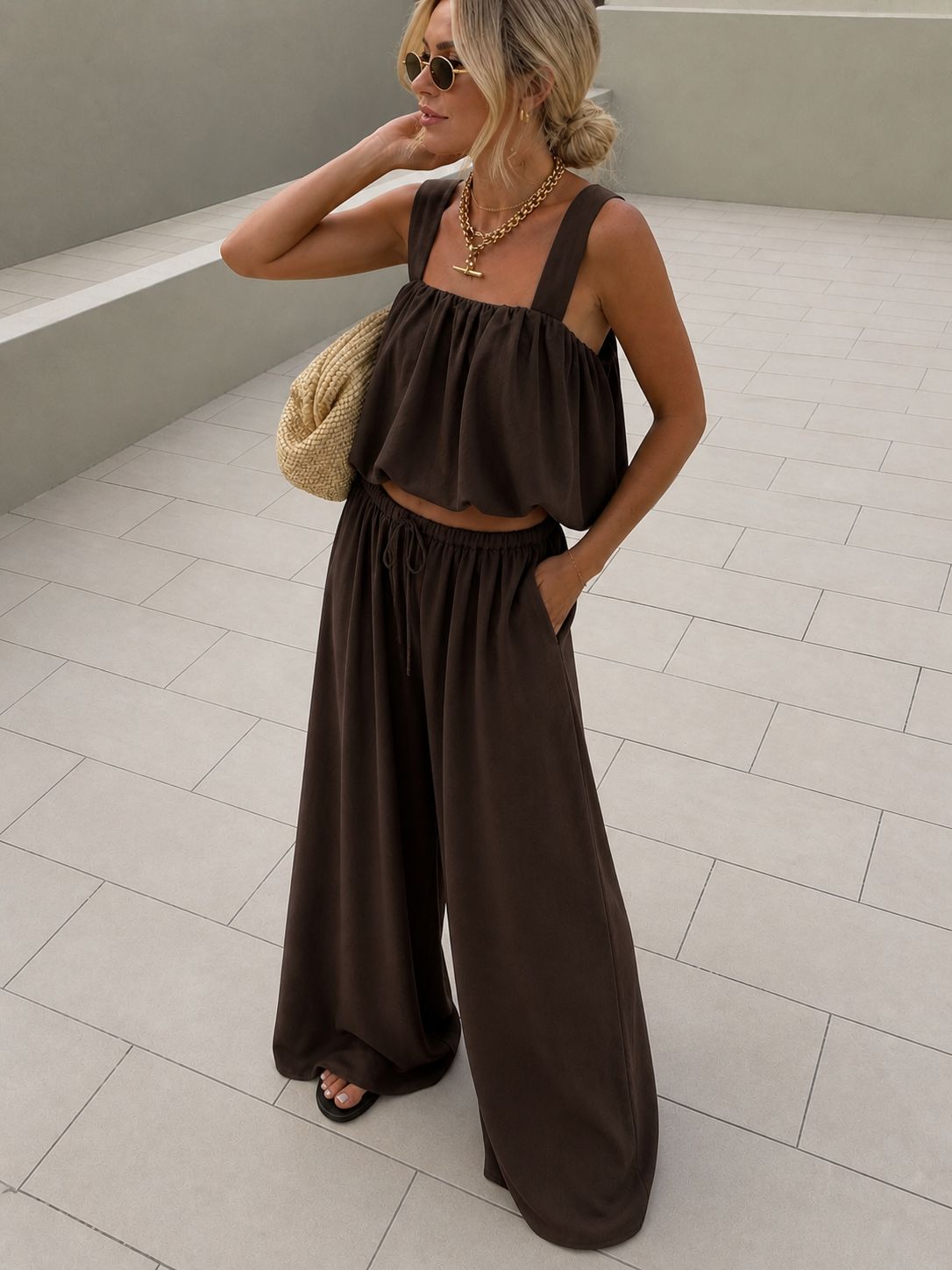 Viscose cropped set bruin
