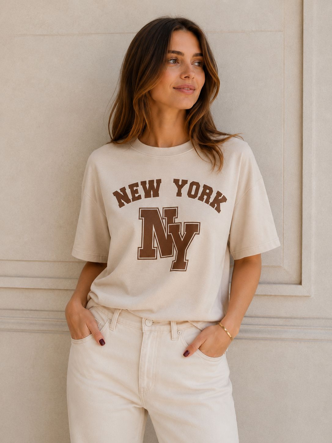 New york cropped sweater shirt beige