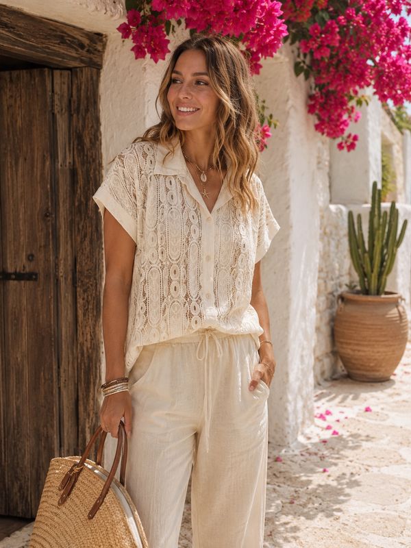 Viscose kanten blouse beige