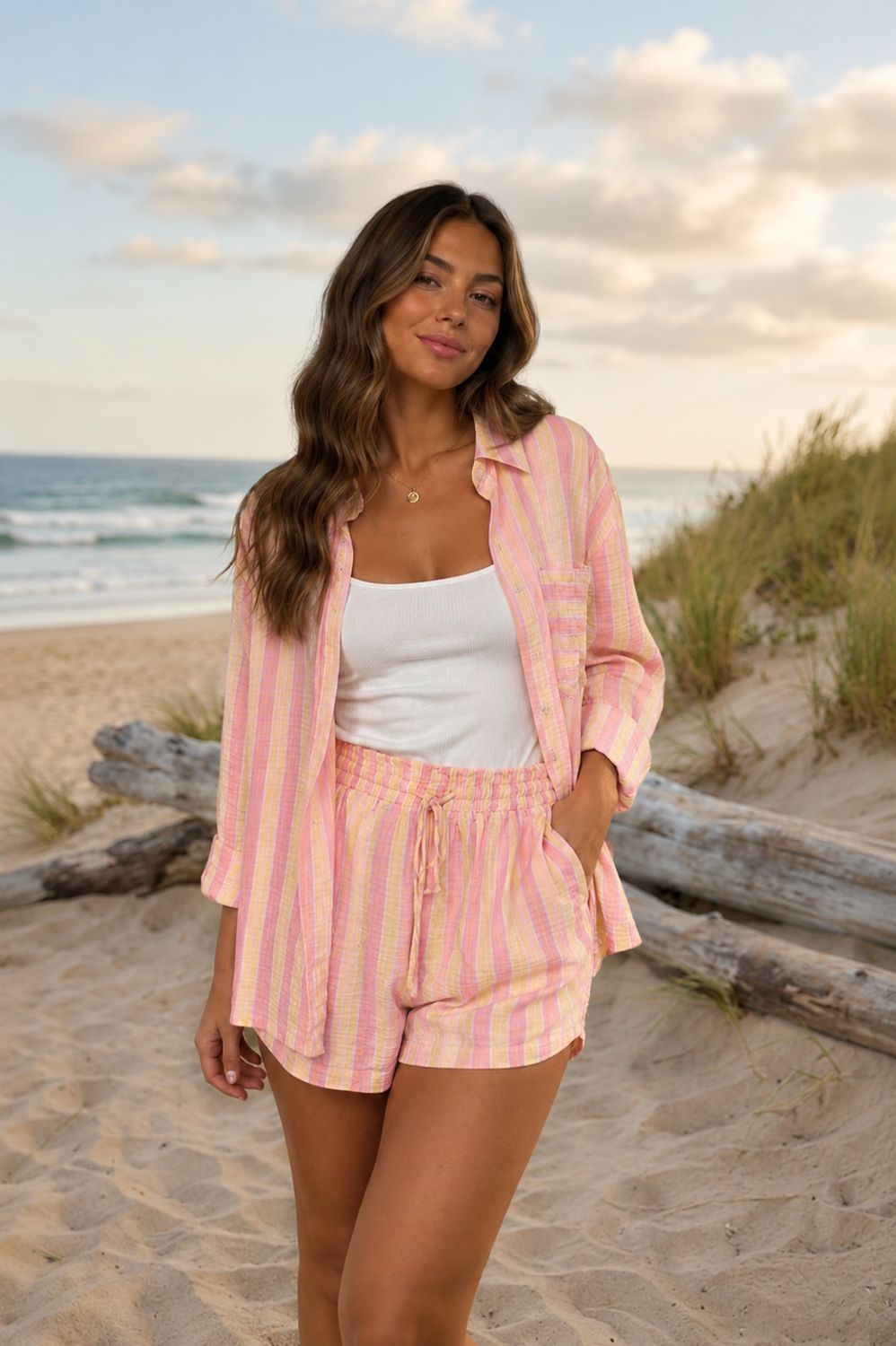 Mousseline strepen short roze/geel