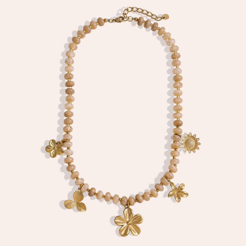 Stainless Steel ketting  acryl kralen en gouden bloemen