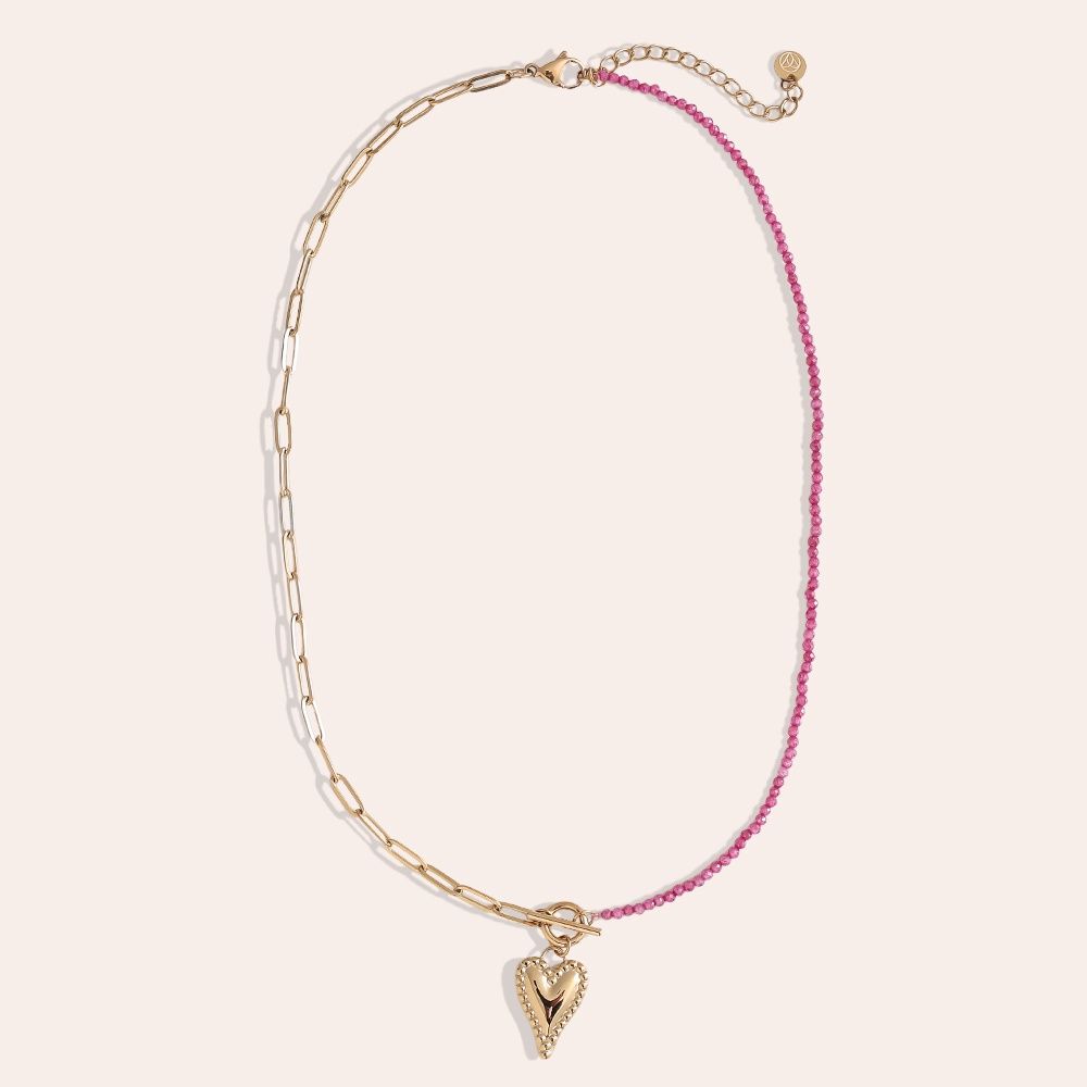 Stainless Steel pink beaded hart ketting