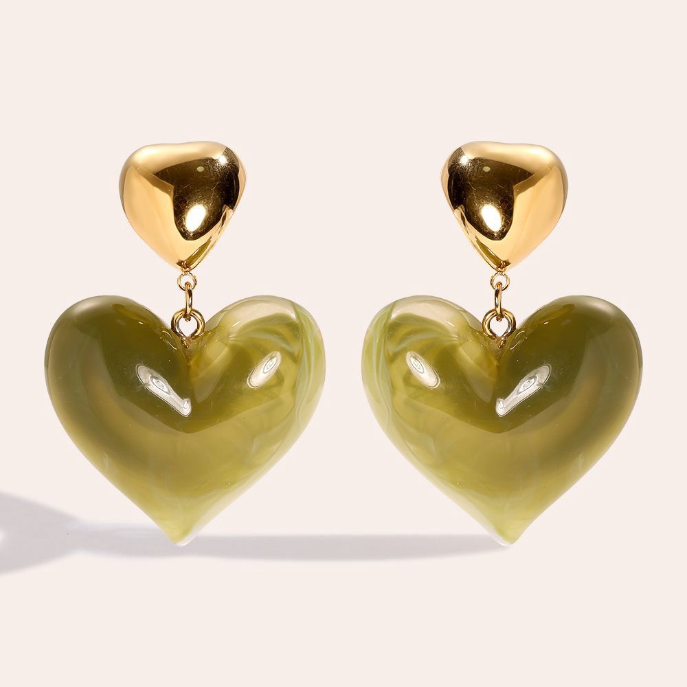 Stainless Steel resin heart oorbellen olive
