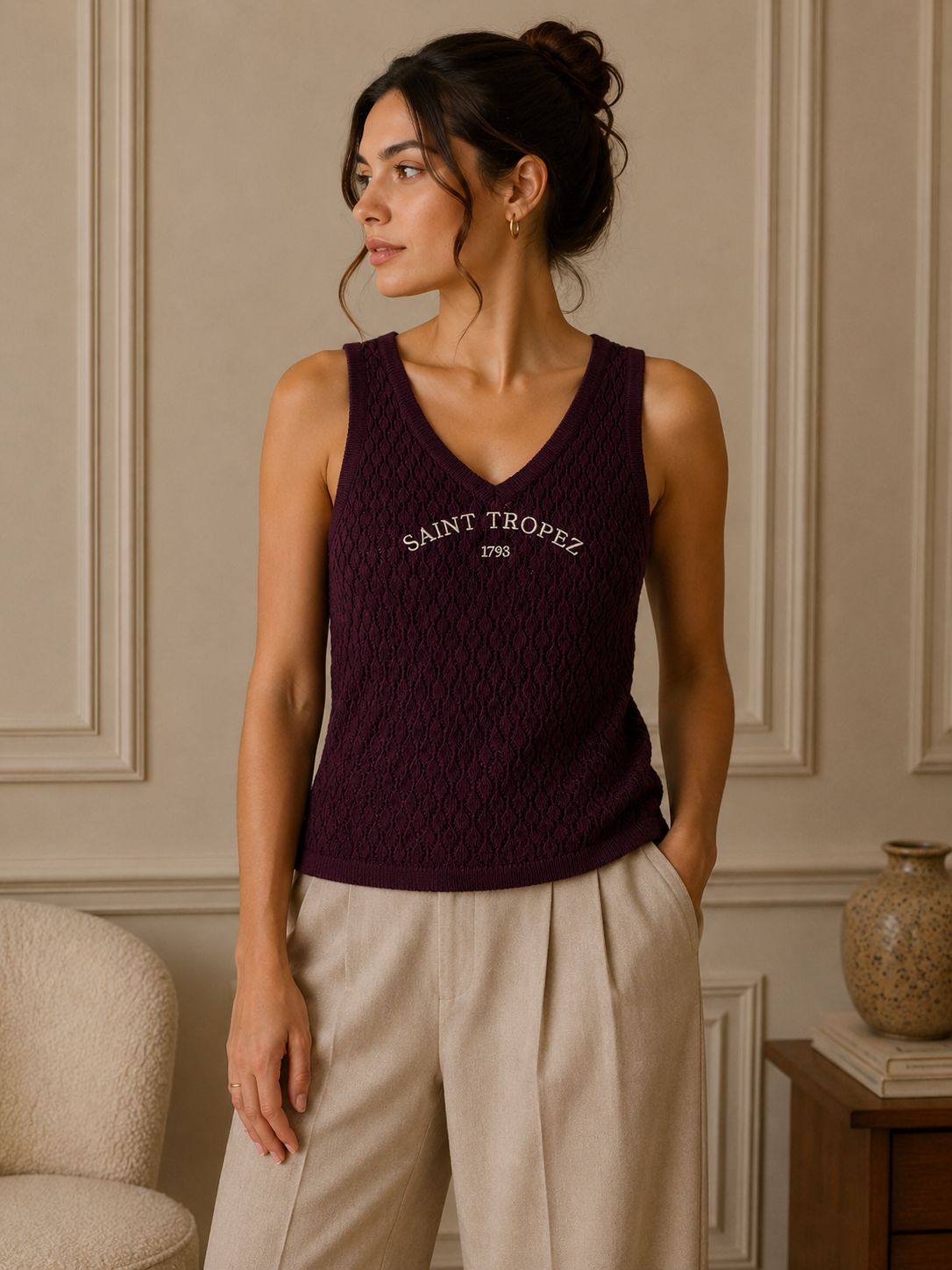 Gebreide aubergine kleur Saint tropez top
