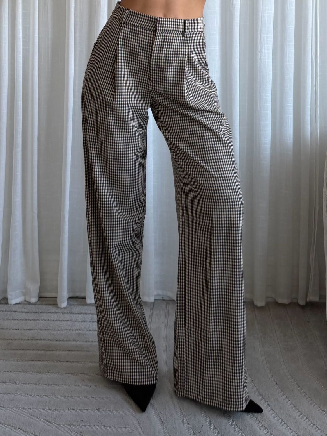 Trendy geruiten high waisted pantalon bruin