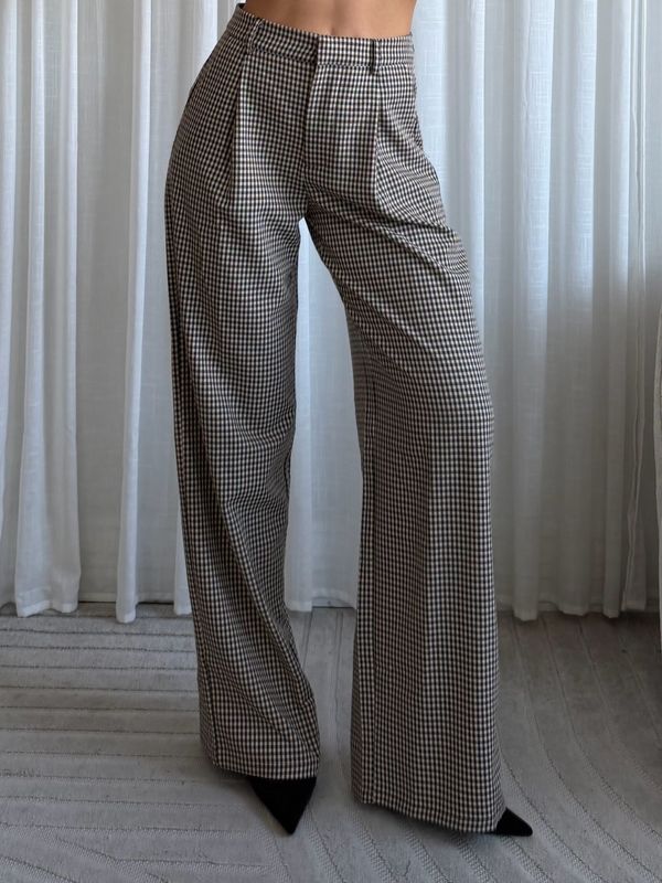 Trendy geruiten high waisted pantalon bruin
