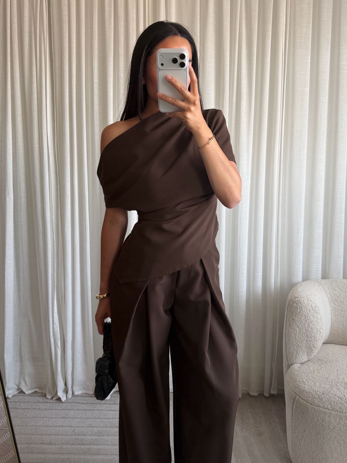 Off shoulder draped top brown
