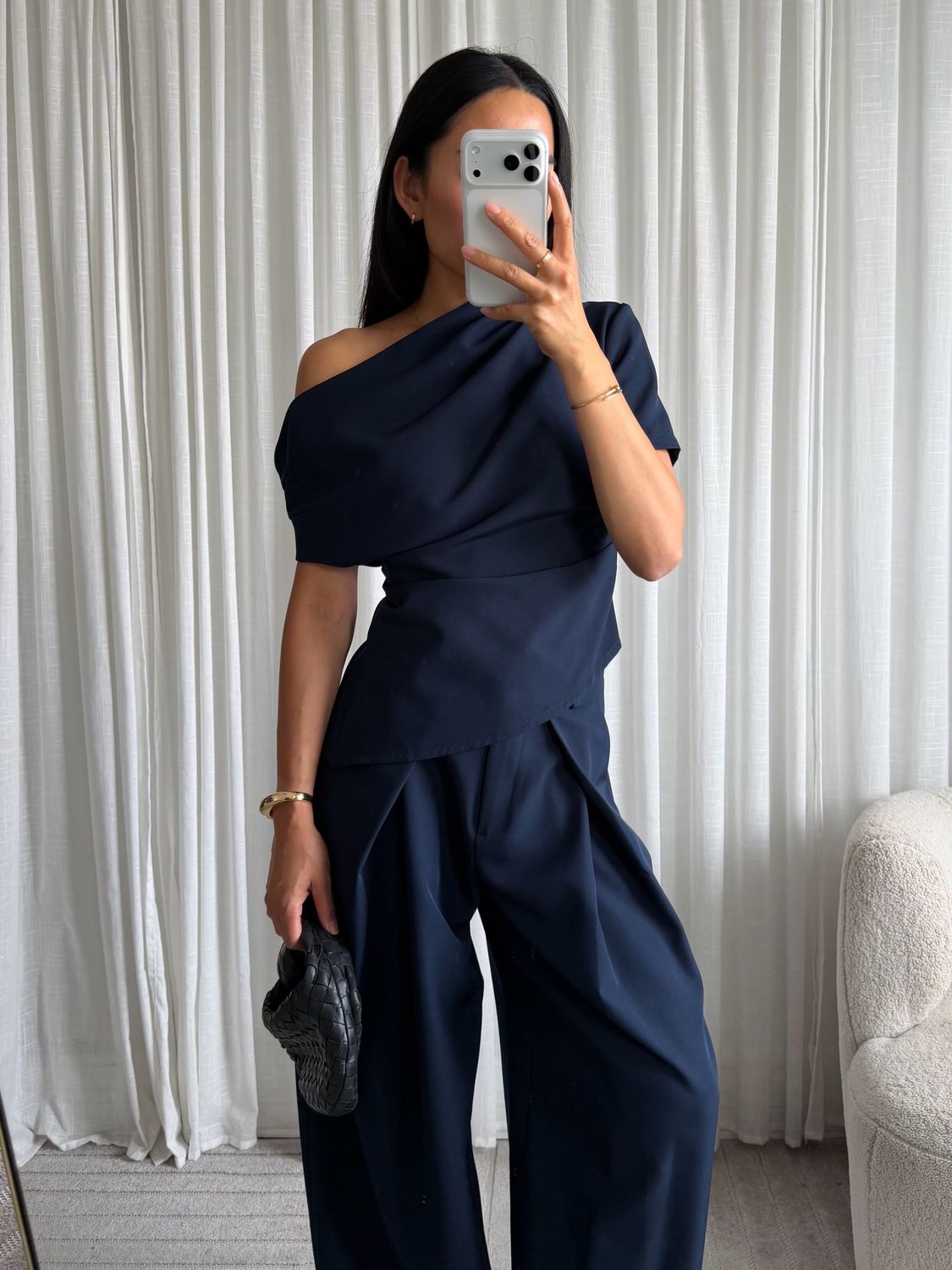 Off shoulder draped top navy