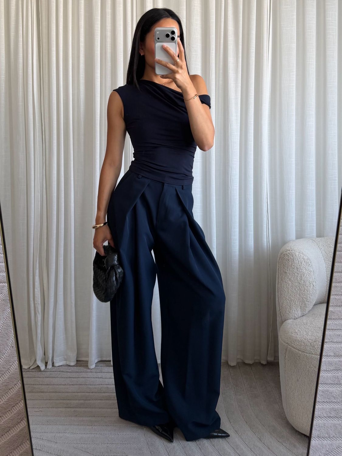 Geplooide high waist pantalon navy