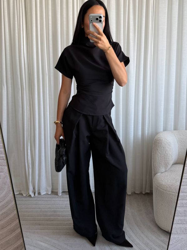 Short sleeve draped top zwart