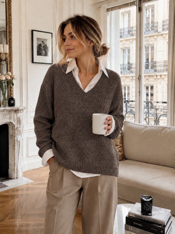 Bruine trui met blouse