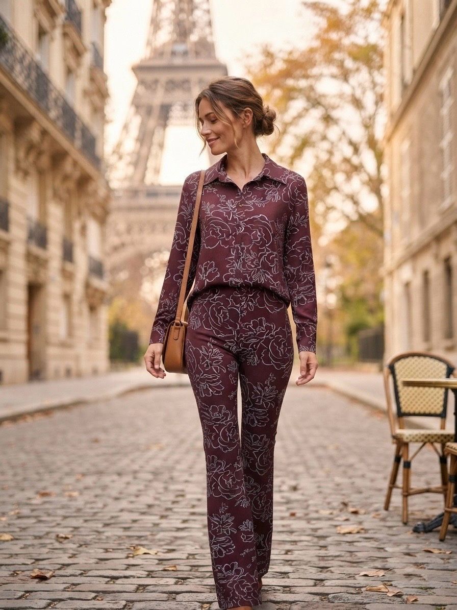 Travelblouse aubergine met blauw