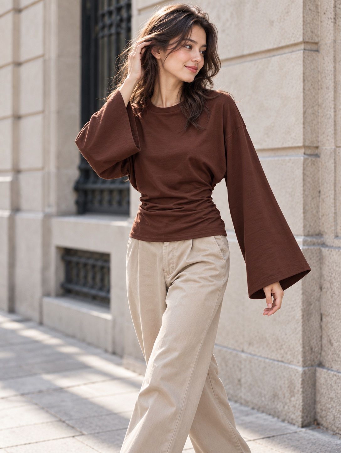 Bruin cropped longsleeve wijde mouw