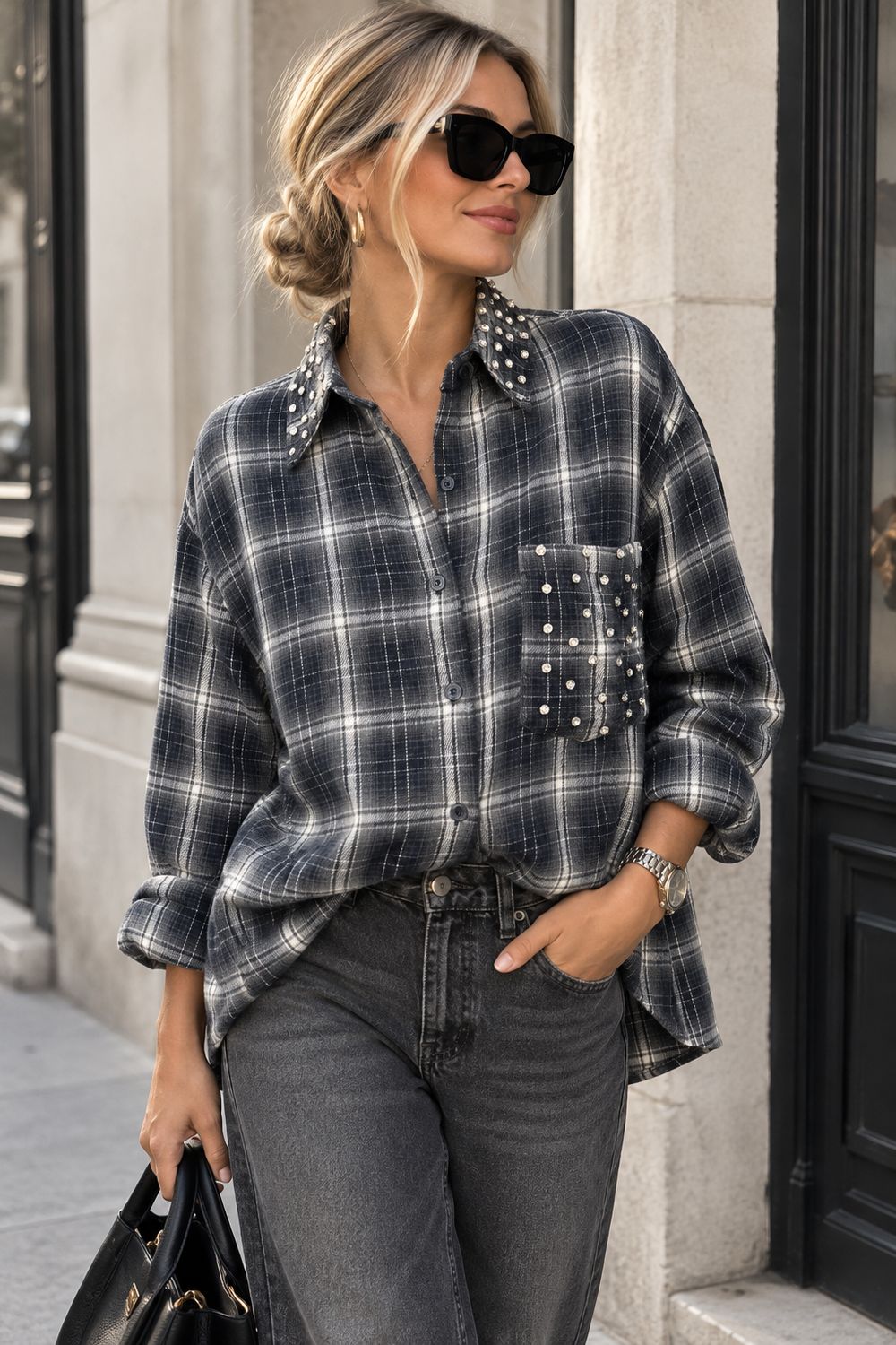 Navy geruiten blouse met stenen