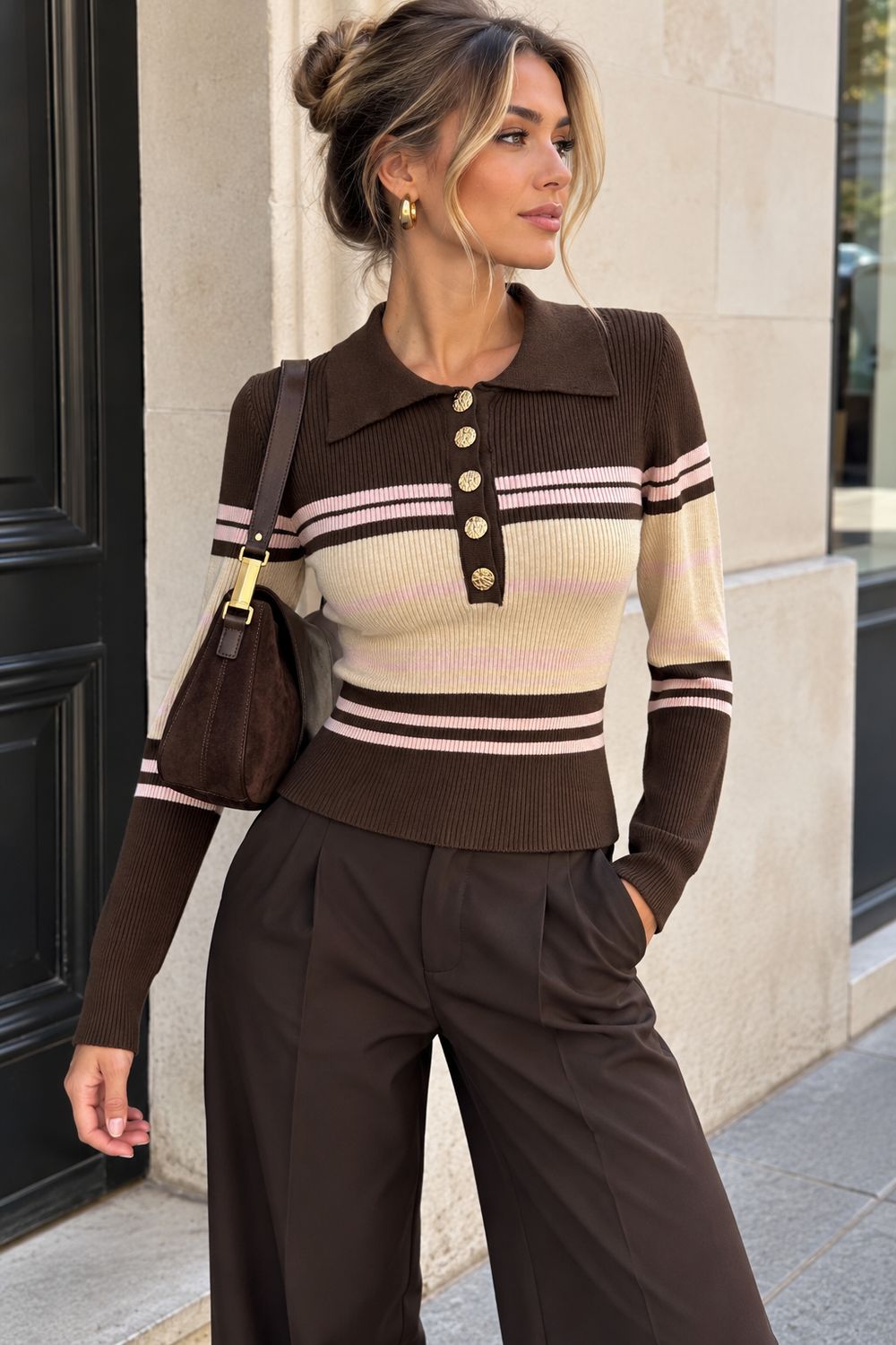 Mooie rib stretch longsleeve pink/ brown