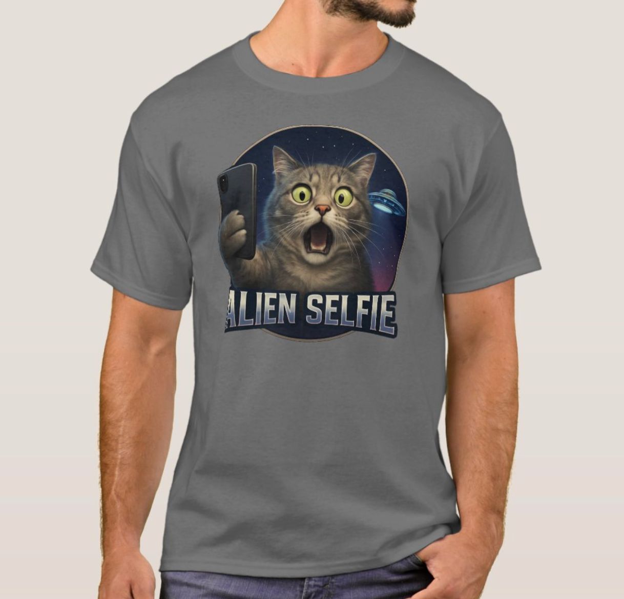 Cat Selfie UFO Alien - Mens/Womens T-Shirt