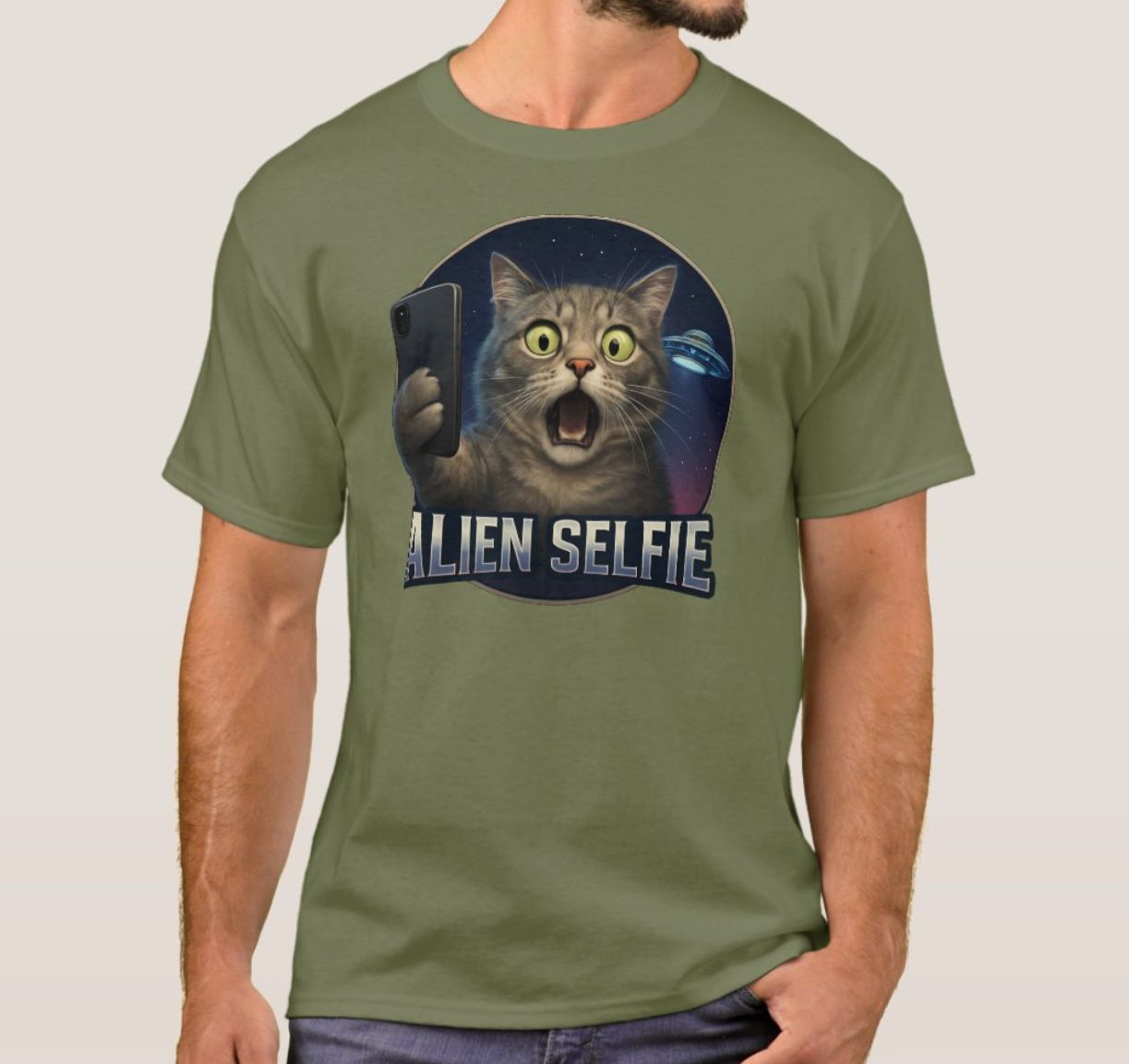 Cat Selfie UFO Alien - Mens/Womens T-Shirt