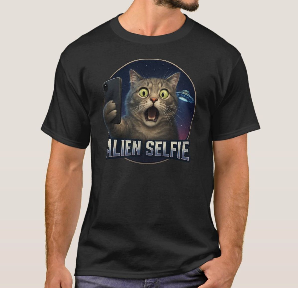 Cat Selfie UFO Alien - Mens/Womens T-Shirt