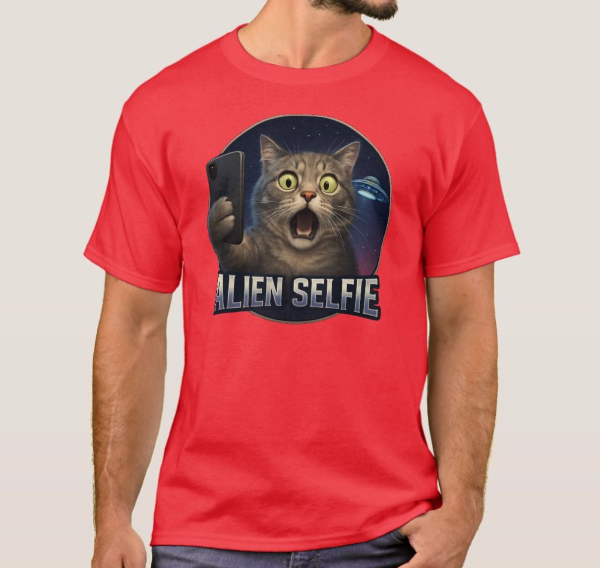 Cat Selfie UFO Alien - Mens/Womens T-Shirt