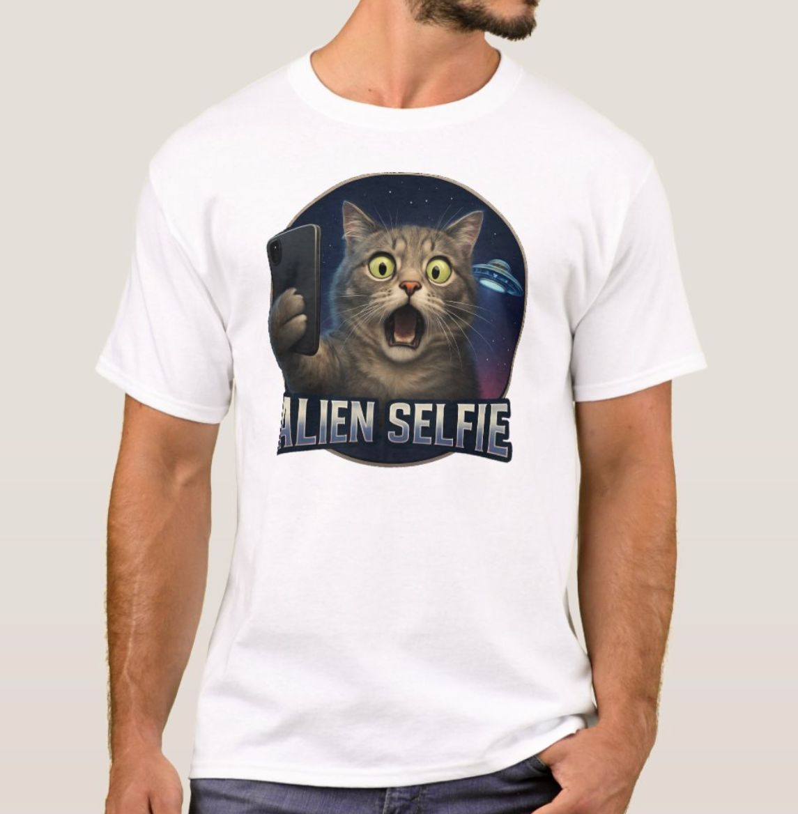 Cat Selfie UFO Alien - Mens/Womens T-Shirt