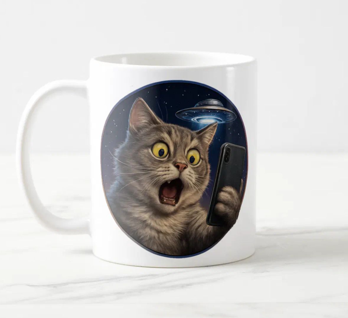 Cat UFO Selfie Alien - Ceramic Coffee Mug