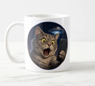 Cat UFO Selfie Alien - Ceramic Coffee Mug