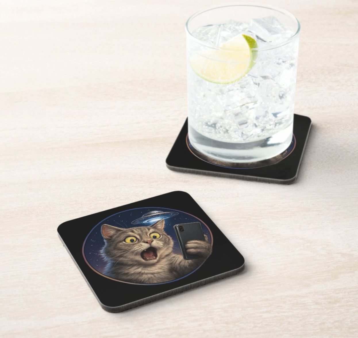 UFO Cat Selfie Alien - High Gloss Hard Plastic Beverage Coaster [Pack of 6]