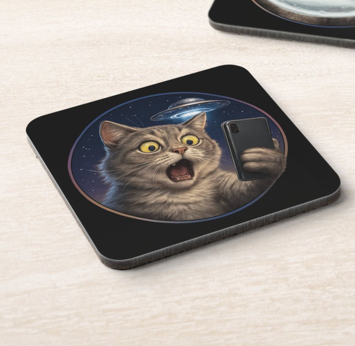 UFO Cat Selfie Alien - High Gloss Hard Plastic Beverage Coaster [Pack of 6]