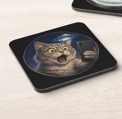 UFO Cat Selfie Alien - High Gloss Hard Plastic Beverage Coaster [Pack of 6]