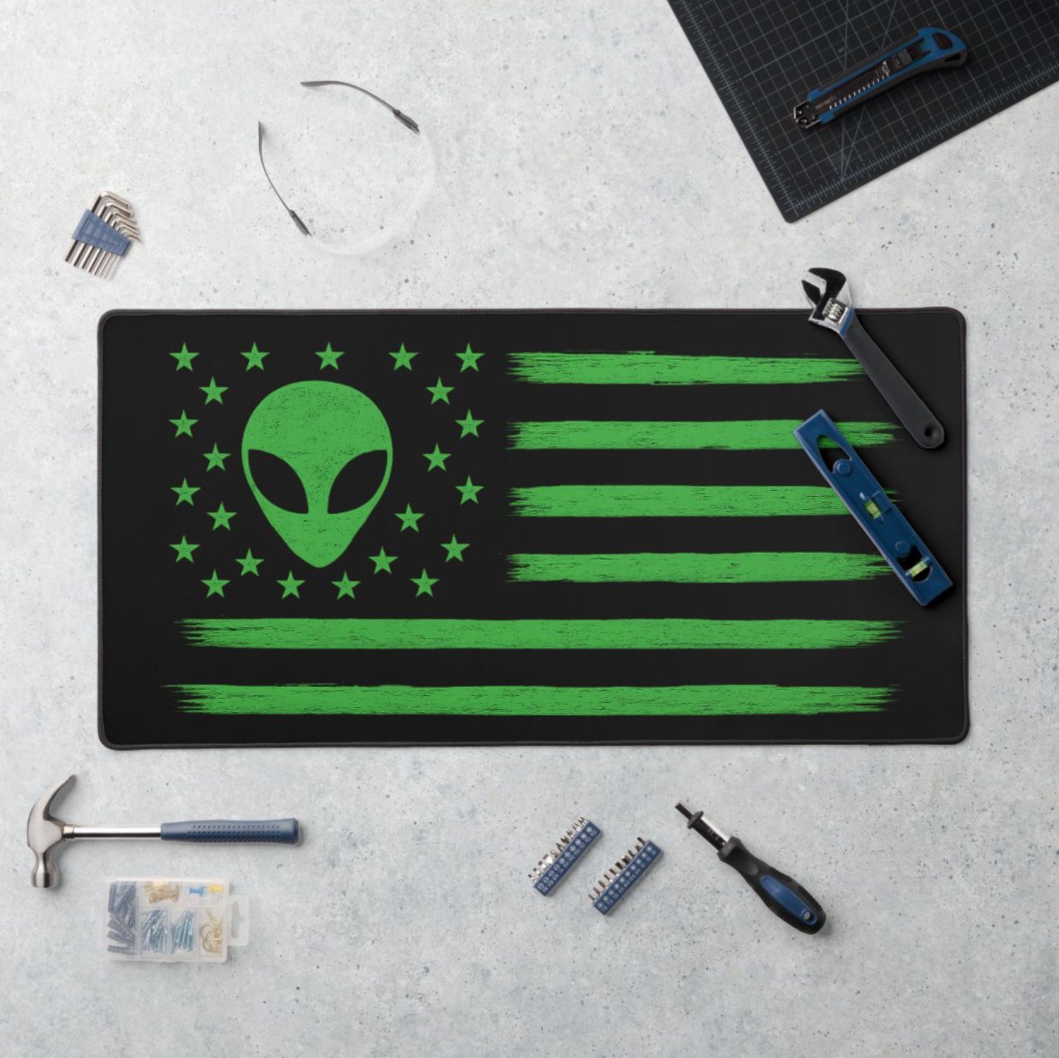 UFO United States Flag Alien - Large Desk Mat