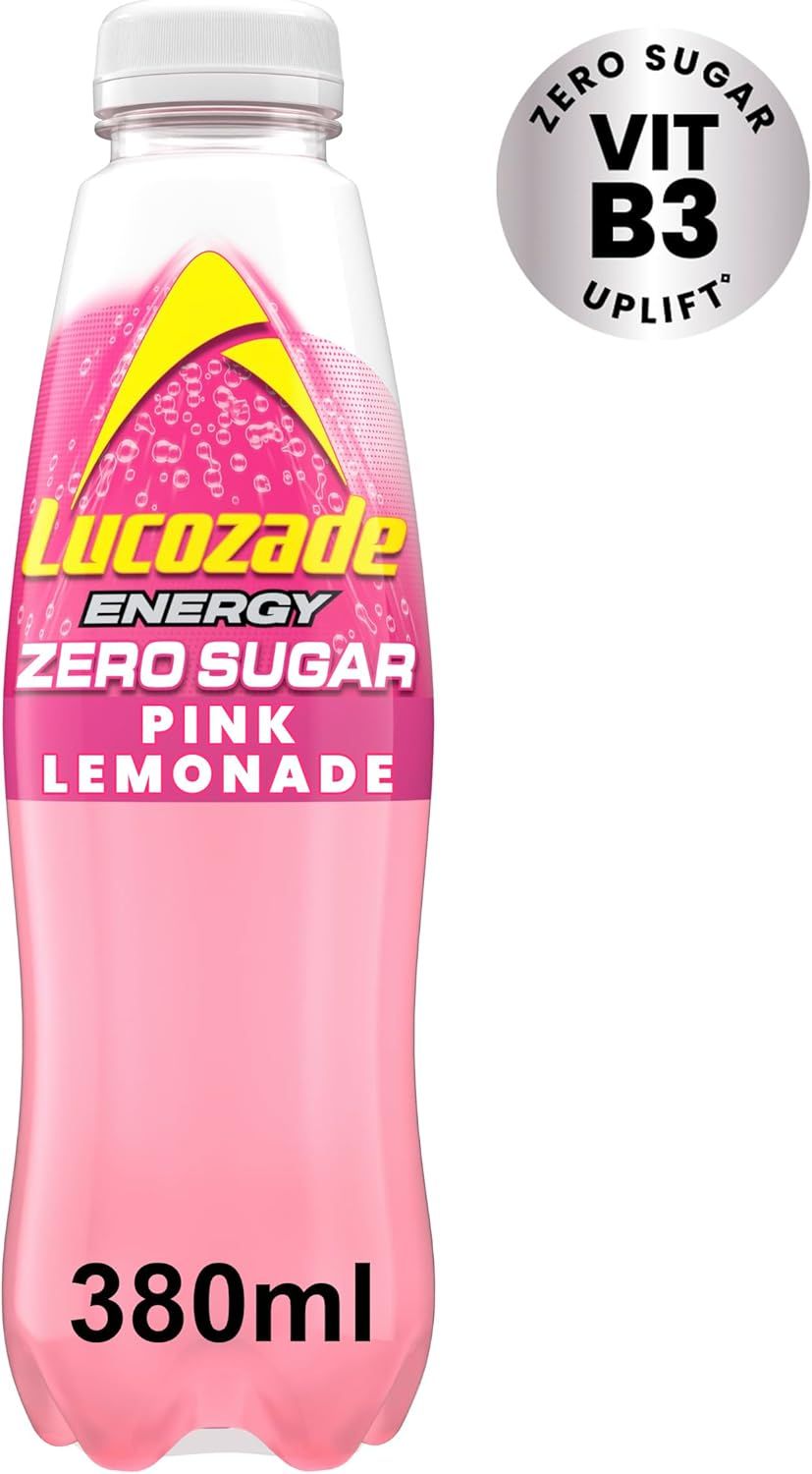 Lucozade Zero Pink Lemonade Sugar Free Fizzy Drink 380ml Bottle