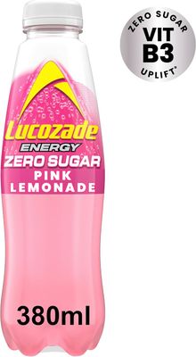 Lucozade Zero Pink Lemonade Sugar Free Fizzy Drink 380ml Bottle