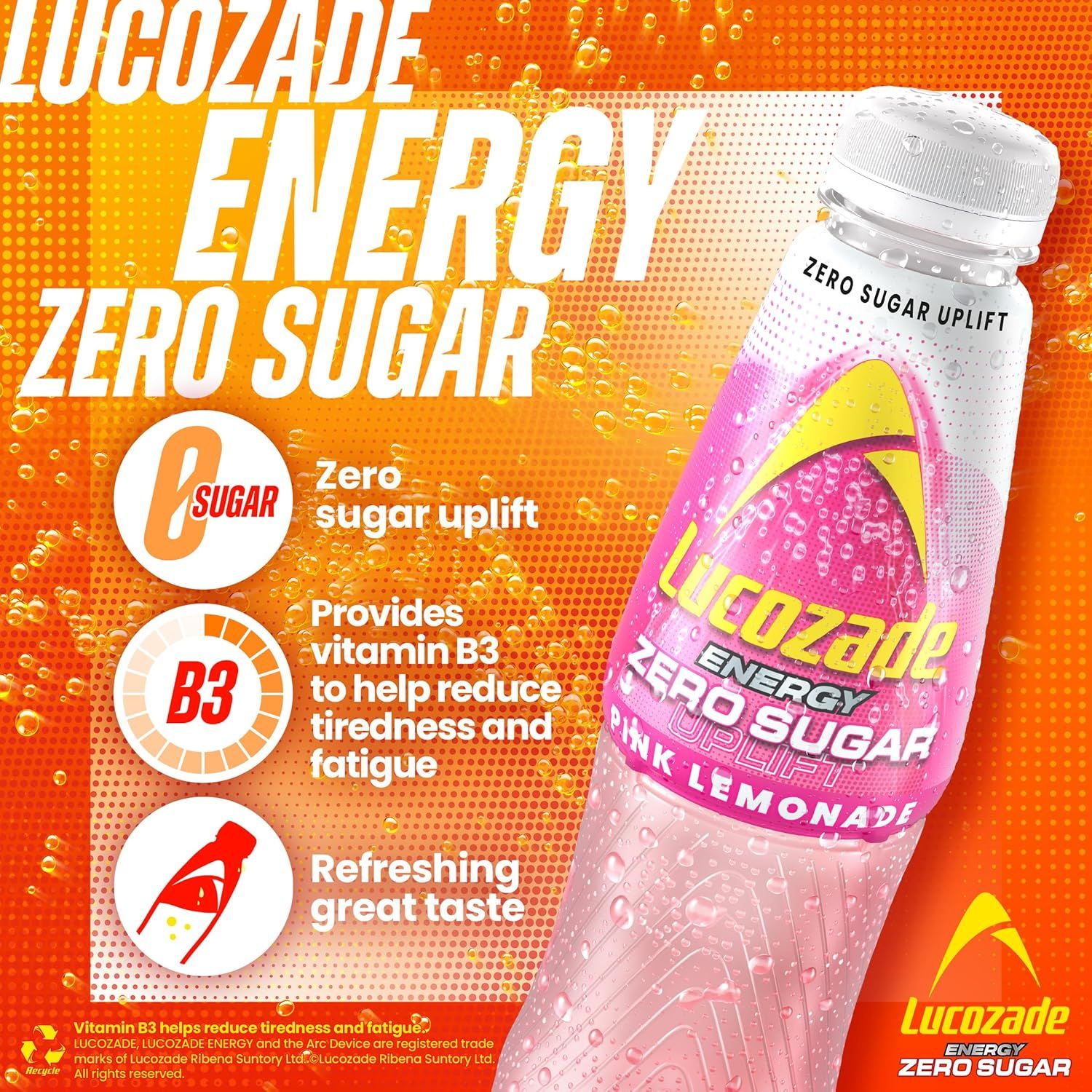 Lucozade Zero Pink Lemonade Sugar Free Fizzy Drink 380ml Bottle