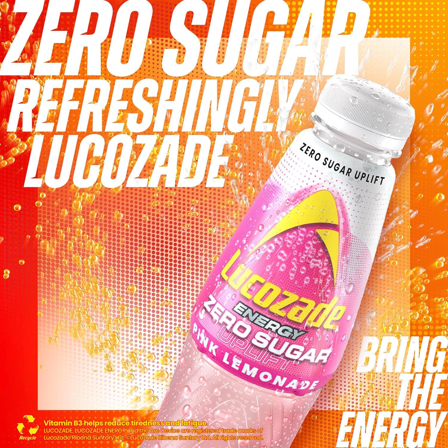 Lucozade Zero Pink Lemonade Sugar Free Fizzy Drink 380ml Bottle