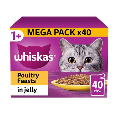 Whiskas 1+ Poultry Feasts in Jelly Adult Wet Cat Food Pouches 40 x 85g