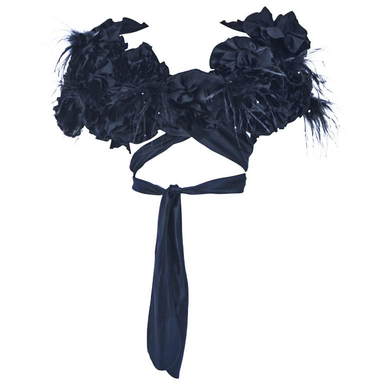 ELIZABETH MASON COUTURE Made to Order Silk &quot;Rose&quot; Wrap Feathers Rhinestones