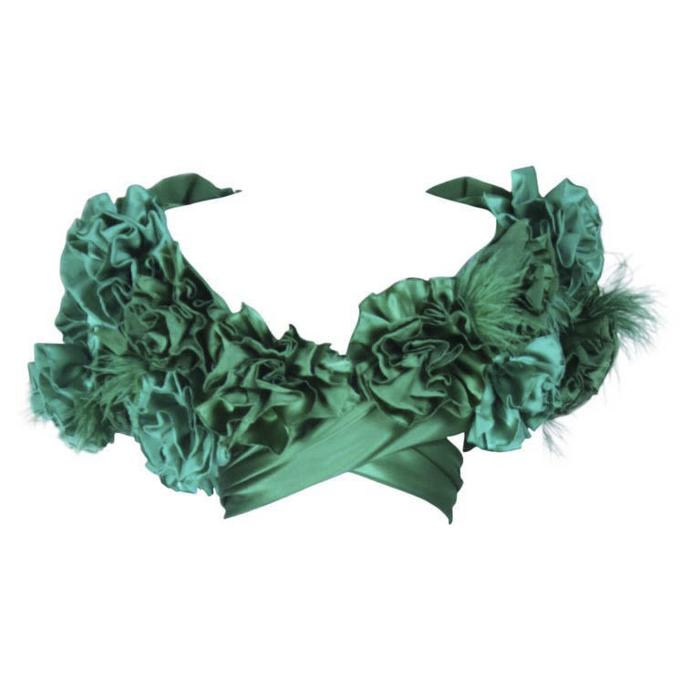 ELIZABETH MASON COUTURE Made to Order Silk Green &quot;Rose&quot; Wrap with Feathers