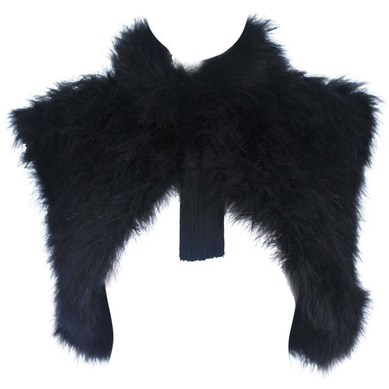 ELIZABETH MASON COUTURE Black Silk Marabou Caplet with Tassels