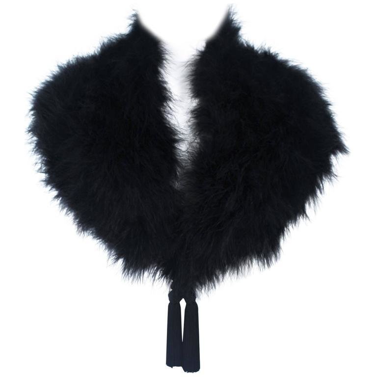 ELIZABETH MASON COUTURE Black Silk Marabou Caplet with Tassels