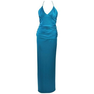 ELIZABETH MASON COUTURE Turquoise Silk Jersey Halter Gown