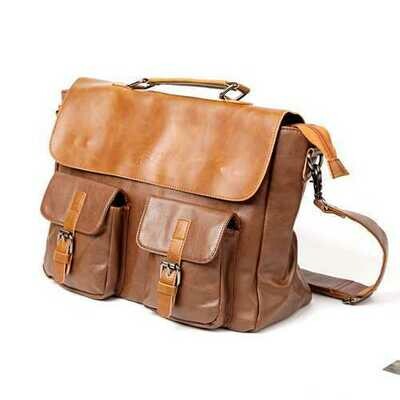 Men Multi-pocket Vintage PU Leather Large Capacity Laptop Briefcase Crossbody Bag