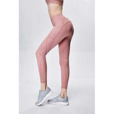 Solid Pink Women Mesh Splicing Sport Yoga Pants  with Pocket  High-waist Leggings