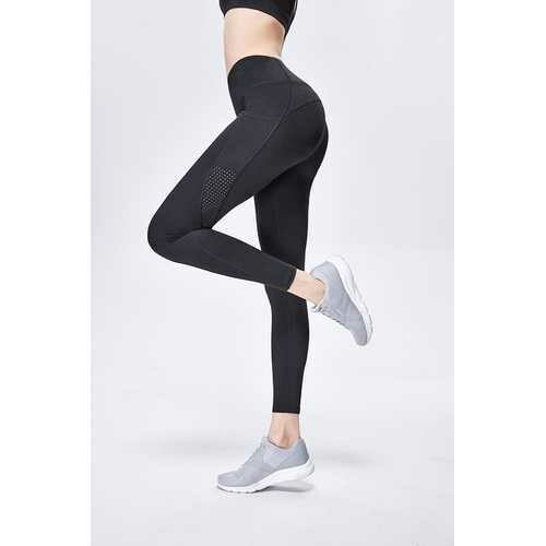 Solid Black Women Mesh Splicing Sport Yoga Pants  with Pocket  High-waist Leggings
