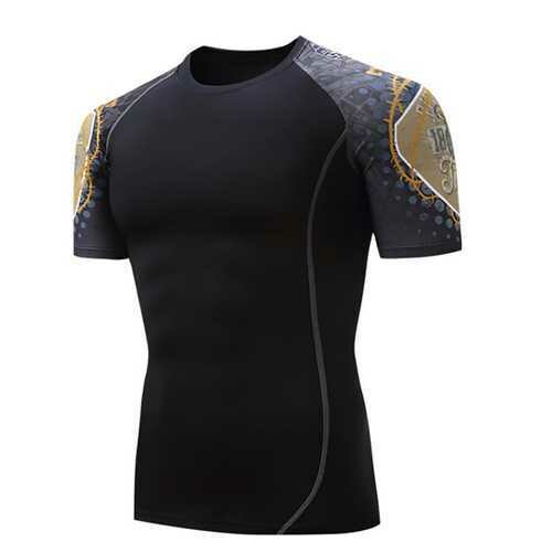 Summer Casual Men&#39;s Gym Fitness Training Tights Sports T-shirts Quick Drying Elastic O-Neck Tees