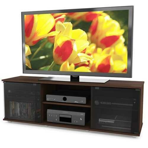 Contemporary Brown TV Stand with Glass Doors - Fits TV&#39;s up to 64-inch