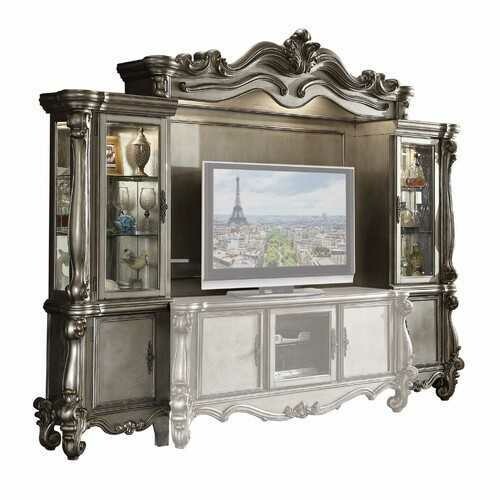 21&quot; X 118&quot; X 95&quot; Antique Platinum Wood Poly Resin Glass Entertainment Center